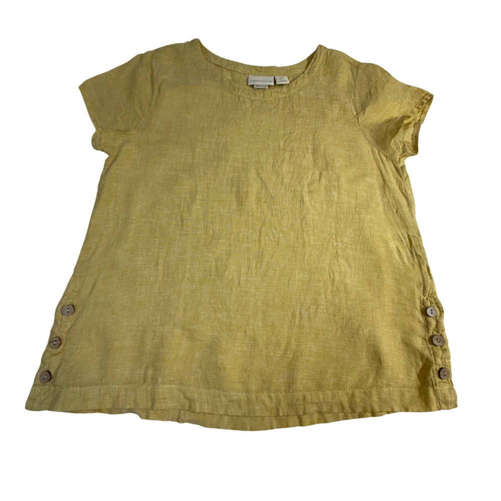 Cynthia Rowley Linen Top Medium Yellow Button‎ Side Short Sleeve Tee